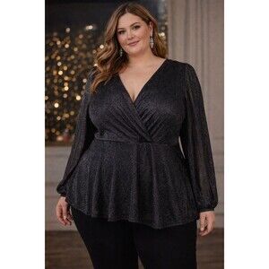 Torrid Glitter Lurex Surplice Peplum Top Womens Plus 5X Black Party Stretch